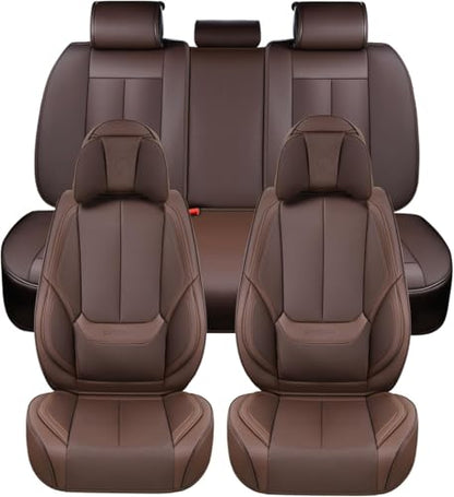 Coverado Front and Back Seat Covers, 5 Pieces Waterproof Nappa Leather Auto Seat Protectors Full Set with Head Pillow, Universal Car Accessories Fit for Most Sedans SUV Pick-up Truck, Brown