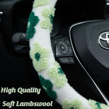 Green Plush Flowers Steering Wheel Cover Auto Jacquard Steering Wheel Protector, Anti-Slip, Breathable, Absorbing Sweat, Universal Car Accessories 14.5–15 inch,Fit for Most Car, Trucks, SUV - style: Green Plush Flowers