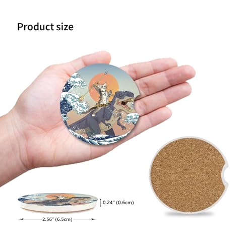 Car Coasters Pack of 2,Absorbent Ceramic Car Coasters Set for Women/Men,Drink Cup Holder Coasters,with A Finger Notch for Easy Removal(Cat and Dinosaur) - color: Cat and Dinosaur