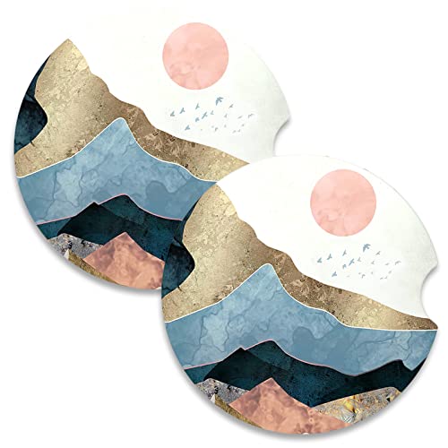 Car Coasters for Cup Holders, 2 Pack Absorbent Ceramic Car Cup Holder Coaster for Drinks, Cute Auto Assecories for Women Men, Size 2.56 in with Finger Notch & Cork Base, Watercolor Sunrise - color: Watercolor Sunrise