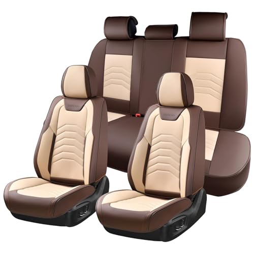 Coverado Seat Covers for Cars, 5 Seats Seat Covers Full Set, Faux Leather Seat Covers for Cars, Automotive Seat Covers Universal Car Seat Protector Seat Cushion Fit for Most Cars Trucks, Coffee&Beige - color: Coffee&Beige(Line), size: FullSet