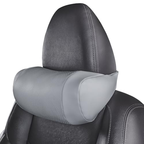 Car Neck Pillow, headrest, Cushion. Three-Point fit to The Neck Curve, Stable Support for The Cervical Spine, relieves Neck Soreness. Perforated PU Leather with high Breathability, Durable 1P（Grey） - color: Grey