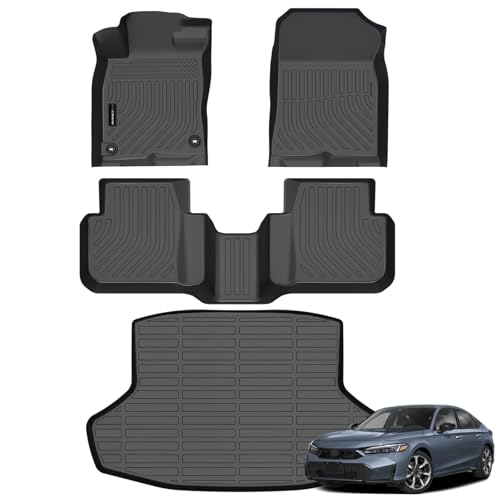 Auxko All Weather Floor Mats Cargo Mat Fit for 2025 2026 Honda Civic Hybrid Sedan TPE Liners Accessories All Season Guard Odorless Anti-Slip Floor Mats Trunk Mat for Honda Civic Hybrid Sedan Black - size: civic hybrid sedan|2025-2026|floor+cargo mats