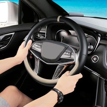 Black Beige Car Steering Wheel Cover, Nappa Leather, Bottom Color Blocking, Universal 14.5-15 Inch Leather Anti-Slip Breathable Auto Steering Wheel Covers for Men Women - color: Black Beige