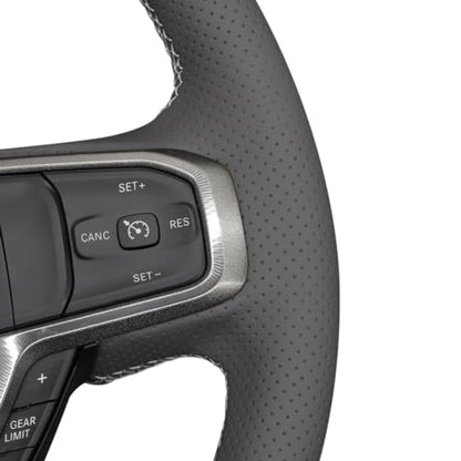 MEWANT DIY Hand Stitch Black Artificial Leather Steering Wheel Cover for Dodge Ram 1500 Laramie Big Horn 2019-2021 - color: Black Artificial Leather&White Stripe&White Thread