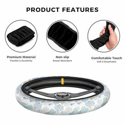 Steering Wheel Covers Nautical Coastal Ocean Coral Universal Steering Wheel Covers Beach Themed Blue Teal Automotive Steering Wheel Grip Wrap Car Accessories Protective Case Cover for Suv, Truck