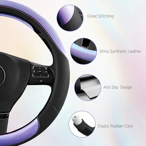 Road Comforts Steering Wheel Cover – Breathable Leather Steering Wheel Cover, Anti-Slip Grip, Universal Fit 14.5” to 15”, Heat & Cold Resistant for Cars, SUVs, and Trucks – Black & Shining Purple - color: Black&Purple