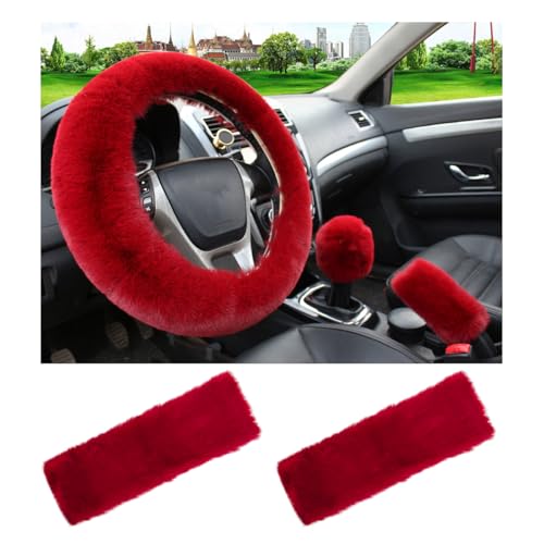 5 PCS Fluffy Steering Wheel Covers Set, Faux Wool Steering Wheel Cover & Handbrake Cover & Gear Shift Cover & 2 Seat Belt Shoulder Pads, Universal Car Accessories (Wine Red) - color: Wine Red