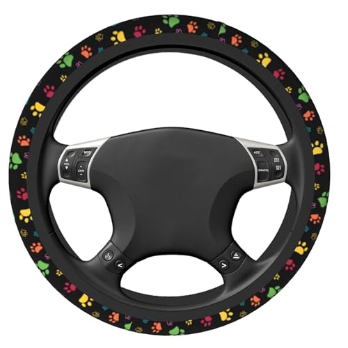 Dog Paw Print Steering Wheel Covers Universal 15 inch Non Slip Neoprene Steering Wheel Protector Cover for Men Women Car Truck - color: Black15