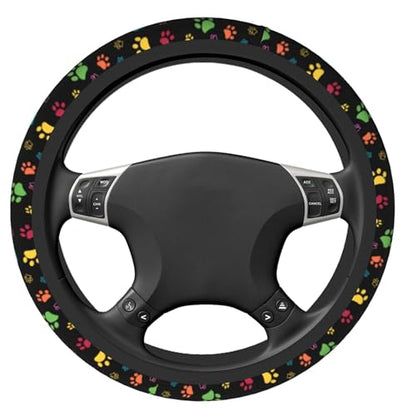 Dog Paw Print Steering Wheel Covers Universal 15 inch Non Slip Neoprene Steering Wheel Protector Cover for Men Women Car Truck - color: Black15