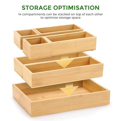 Bamboo Drawer Organizer Set, 14 PCS Multi-Use Individual Wood Storage Organizers, Junk Drawer Divider and Storage Trays Containers for Kitchen, Bathroom, Office Desk, Makeup, Jewelry, Utensils - size: 14