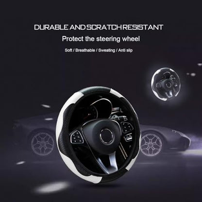 Ultra Fine Carbon Fiber Leather Steering Wheel Cover, Anti Slip and Sun Protective Protect The Steering Wheel, Easy to Install,Universal of 14.5"-15" (White) - color: White