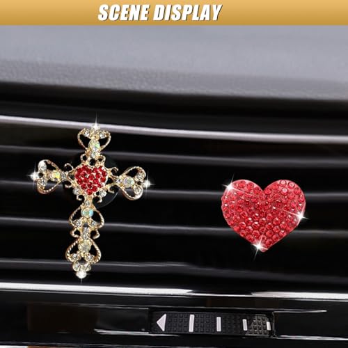 2PCS Bling Cross & Heart Car Dashboard Air Vent Trim Clip, Sparkly Rhinestone Car Air Vent Clips, Diamond Auto Diffuser Charm Clip, Auto Interior Decoration Accessory for Women Girls (Red) - size: Red