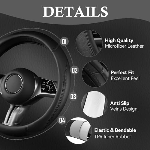 CAR PASS Microfiber Leather Steering Wheel Cover and Waterproof Car Floor Mats,Universal Car Combo Fit for 95% Sedan,SUV,Cars,14.5-15inch Anti-Slip Safety Comfortable Faux Leather Design(Solid Black) - color: All Black