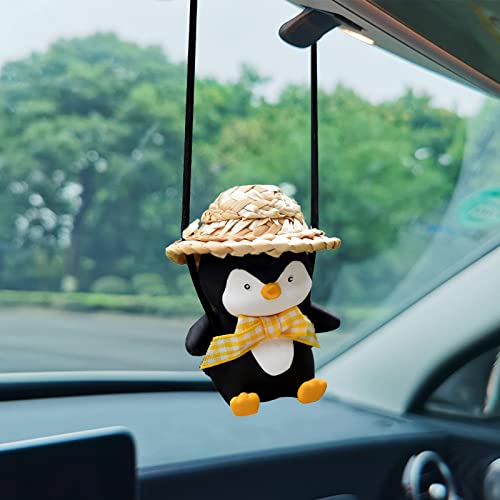 Wonuu Cute Penguin Car Pendant Hanging Ornament Rearview Mirror Charm Decoration for Car Decor Accessories - color: Penguin Yellow Ribbon