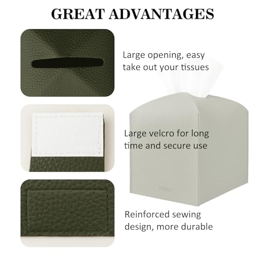 Tissue Box Cover Holder Square Tissue Cube Cover PU Leather Tissue Organizer with Bottom Belt for Bathroom, Tabletop, Car, Night Stands, Office, Home, Kitchen (1, OliveGreen) - color: Olivegreen