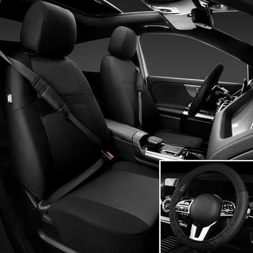 CAR PASS Universal 13PCS 3D Air Mesh Car Seat Covers -100% Breathable Seat Covers Full Sets Steering Wheel and Belt Cover Airbag and Rear Split Bench Compatible for Automotive SUV Truck (Pure Black) - color: Black, size: Full set