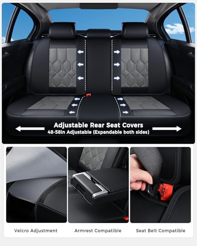 Huidasource Leather Car Seat Covers Full Set, Full Coverage Universal Fit for Most Cars SUVs Trucks, Easy Install with Velcro, Airbag Compatible, Retains Seat Functions & Cupholders, Black & Gray - color: FS: Black&Gray, size: Full Set