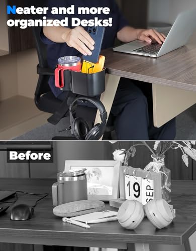KEMIMOTO Desk Cup Holder with Headphone Hanger, 2 in 1 Caddy Organizer for Office Table, Lawn Chair, Golf Cart, Pontoon Boat, Fit for Most 18-32 oz Bottles (1) - color: Black