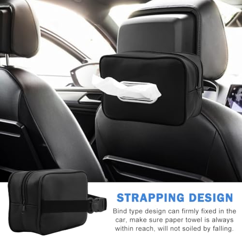 Car Tissue Box Holder, Backseat Rectangular Napkin Holder with 4 Hooks, Small 7.5in PU Leather Napkin Organizer with Metal Ring for Easy Pulling, Fits Headrest, Dashboard & Sun Visor(Color:Black)