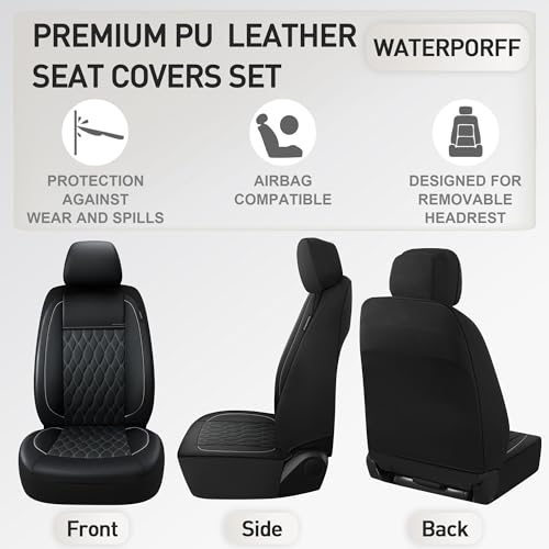 Faux Leather Car Seat Covers 2 Front Set,Luxury and Comfortable Seat Covers for Cars, Airbag Compatible Car Interior Covers, Universal Fit for Suvs,Vans,Trucks(Black/Grey)