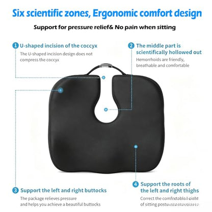 Extra-Dense Seat Cushions for Office Chairs, Orthopedic Seat Cushion for Desk Chair, Car, Wheelchair, Ergonomic Sciatica Support, Hip & Tailbone Pain Relief Cushion for Long Sitting (Black)