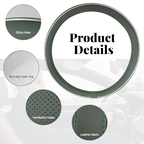 Yourkar Leather Steering Wheel Cover, Breathable Anti-Slip Car Steering Wheel Protector for Max Diameter 15 Inch, Universal Auto Steering Wheel Cover for Men and Women (Green) - color: Green