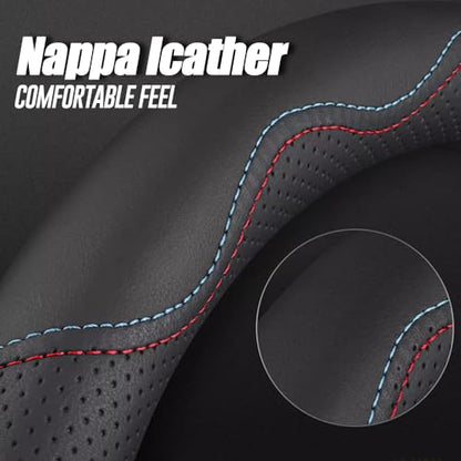 LKWLIKEI Nappa Premium Leather car Steering Wheel Cover, Non-Slip, Breathable, Universal 15 inches,Black and red Blue line - color: Black-B