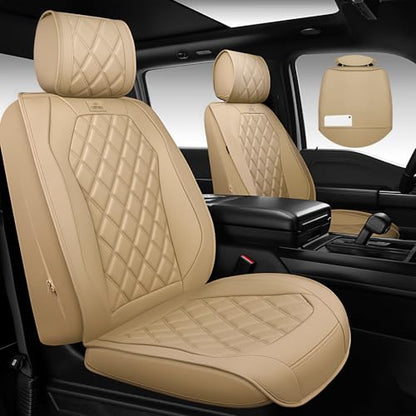 CAR PASS Luxury Nappa Leather Seat Covers Full Set, 3D Rhombus Waterproof Faux Leather Seat Covers, Universal Automotive Seat Cushion Fit for Most Sedan SUV Truck Van, Armrest Airbag Compatible Beige - color: beige