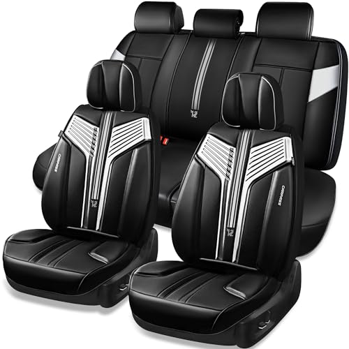 CAR PASS Nappa Leather Seat Covers, Breathable Waterproof Car Seat Covers Full Set, Luxury Leather Front and Back Seats Full Coverage, Universal Fit SUV Pick-up Truck Sedan Automotive(Black Sliver) - color: Black Silver, size: Full Set Full Coverage