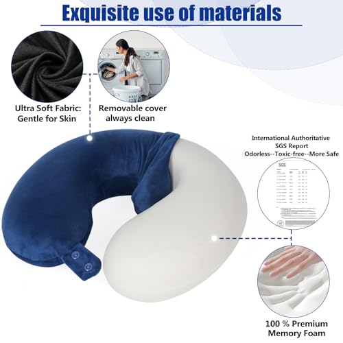 SAIREIDER Travel Pillow 100% Memory Foam Airplanes Neck Pillows -Prevent The Heads from Falling Forward Travel Neck Pillows with Sleep Mask and Earplugs (Navy Blue) - color: Navy Blue(travel Kit)