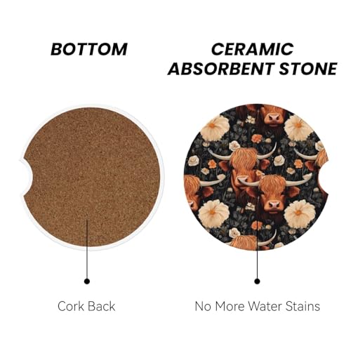 Yak Highland Cow Flower Absorbent Ceramic Car Coasters for Cup Holders, 2.56" Anti Slip Insert Cup Coasters for Women Men (2 PCS) - color: Yak Highland Cow Flower