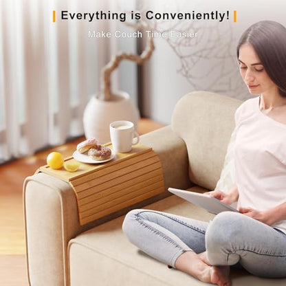 Bamboo Sofa Armrest Tray - Couch Arm Tray with Detachable Couch Cup Holder - 2 in 1 Anti-Slip Foldable Sofa Armchair Caddy Table for Drinks Cellphone TV Remote Snacks - color: Bamboo, size: 16.3" x 13.3" x 2"