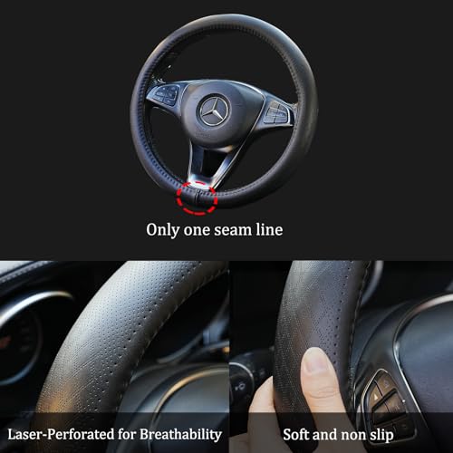 Black Genuine Leather Car Steering Wheel Cover Men Women,Cowhide Wheel Cover,Soft,Breathable,Anti-Slip,Luxury Steering Wheel Cover,Universal Standard Size 14.5-15 inch(M)