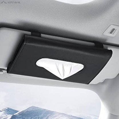 9.1 × 4.7 x 1.5 Car Tissue Holder — PU Leather Sun Visor Tissue Holder for Car with Ergonomic Take-Out Port, Universal Fit — Refillable Napkin Storage with Metal Clip Mount, Quick Install in Seconds