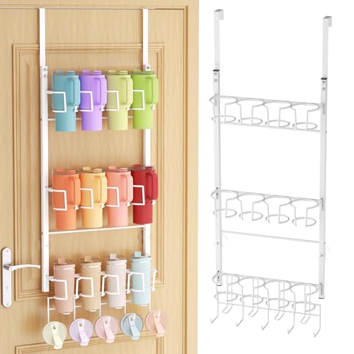 SWTYMIKI 3-Tier Water Bottle Organizer - Over the Door Stanley Cup Holder - Cup Rack with Hooks for Door or Wall Mount Option- Tumbler Organizer Storage Display for Kitchen Dorm Office RV, White - color: White, size: 3-Tier