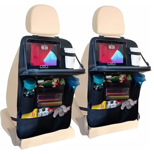 Backseat Car Organizer with Tray, 9 Storage Pockets Back Seat Protector with Foldable Tablet Holder, Waterproof Back of Seat Kick Mats for Kids Adult, Road Trip Essentials Travel 2 Pack, Black - color: Black, size: 2 Pack
