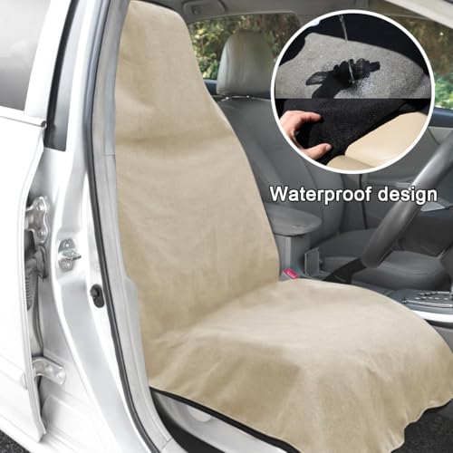 DXNQ Waterproof Car Towel Seat Cover, Sweating Non-Slip Premium Towel Carseat Cover Protector, Universal Soft Machine Washable Car Truck SUV Front Seat Cover for Gym Workout Beach Hiking (Beige) - color: Beige, 1pc, Front