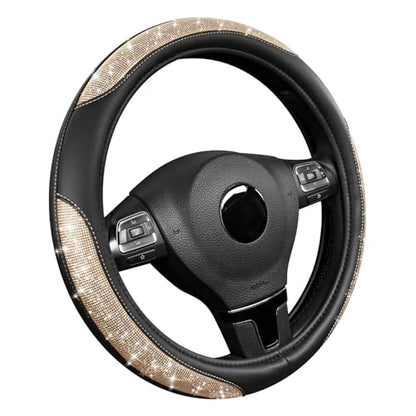Road Comforts Pixel Glitter Steering Wheel Cover, 14.5–15 Inch Leather Steering Wheels Snug Fit, Anti-Slip Leather Grip, Elegant Sparkle Design, Universal Fit - Golden