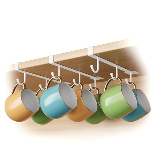 Adhesive Cup Holder Under Cabinet - 3pcs x 6 Hook Coffee Cup Mug Holder for Kitchen, Fit for 1 Inch Thickness Shelf or Less - White