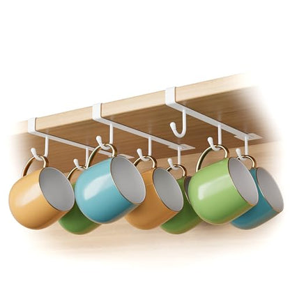 Adhesive Cup Holder Under Cabinet - 3pcs x 6 Hook Coffee Cup Mug Holder for Kitchen, Fit for 1 Inch Thickness Shelf or Less - White