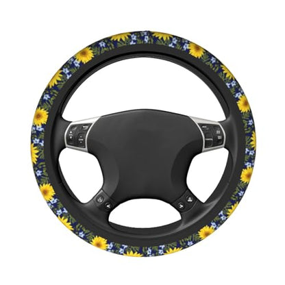 Sunflower Steering Wheel Cover with 2 Car Coasters Non Slip Neoprene for Women Men Universal 15 Inch