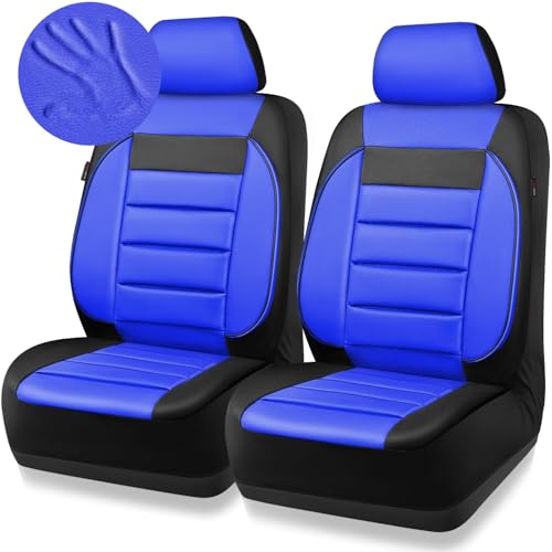 CAR PASS Leather Car Seat Covers Front Seats Only, Universal Fit Automotive Interior Waterproof 3D Foam Back Support Car Seat Covers for Trucks Vans and SUVs Airbag Compatible 2 Pieces Black Blue - color: Blue Black