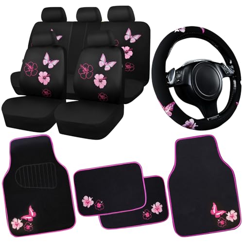 CAR PASS Universal Cloth Butterfly Car Seat Covers Full Set, Embroidered Flower Waterproof Car Floor Mats Carpet, Butterflies Steering Wheel Cover for Car Accessories Interior Sets (Black and Pink) - color: Black Pink