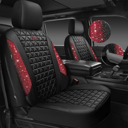 CAR PASS Bling Diamond Black Red Leather Car Seat Covers Full Set, Waterproof Shining Glitter Sparkly Crystal Universal Armrest Fit Automotive Truck SUV Women Girl, Rhinestone Interior Cover Set, Red - color: Red Rhinestone, size: Full Set