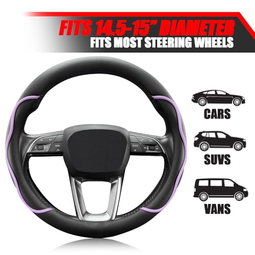 Nappa Leather Steering Wheel Cover. Stylish Striped Design, Universal fit for 14.5–15-inch Steering Wheels, Slip-Resistant and Breathable, Protects the Steering Wheel. Black and Purple - color: Black and Purple