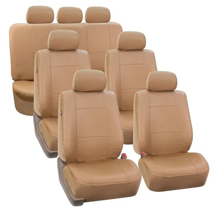 FH Group Car Seat Covers PU Leather 3 Row 7 Seater Car Seat Covers, Airbag Compatible and Split Bench - Fit Most Car, Truck, SUV, & Van Solid Tan - color: Beige, style: 7 Seater