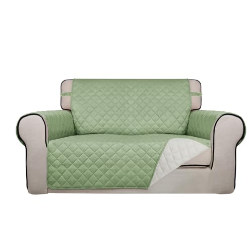 PureFit Reversible Quilted Sofa Cover, Water Resistant Slipcover Furniture Protector, Washable Couch Cover with Non Slip and Elastic Straps for Kids, Dogs, Pets (Loveseat, Sage Green/Ivory) - color: Sage Green/Ivory, size: Medium