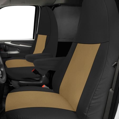 Seat Covers Compatible with 2010-2025 Chevy Express Front Bucket Seats with Opening for Grab Handle on Passenger Side Backrest, Custom-Made Heavy Duty Seat Cover, NOT for RV Seats - color: Black and Tan, size: 2010-2025 Express Front (Knitted)