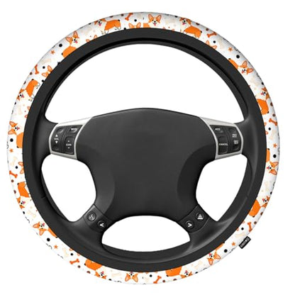 Swono Cute Dog Car Steering Wheel Cover Cartoon Dog Breed Welsh Corgi On A White Safe Driving Anti-Slip Steering Wheel Covers Steering Wheel Protection No Smell Universal 15 Inch - color: multi-064